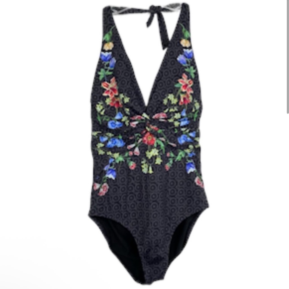 JOHNNY WAS Colorful Floral One Piece Halter Swimsuit NEW Size M Dark Gray Black